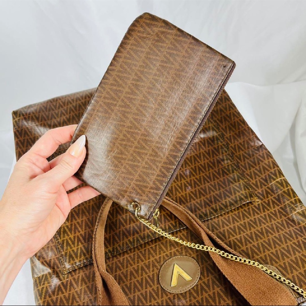 Mario Valentino Vintage Monogram Tote Bag with Pouch Brown Italy - Picture 6 of 16